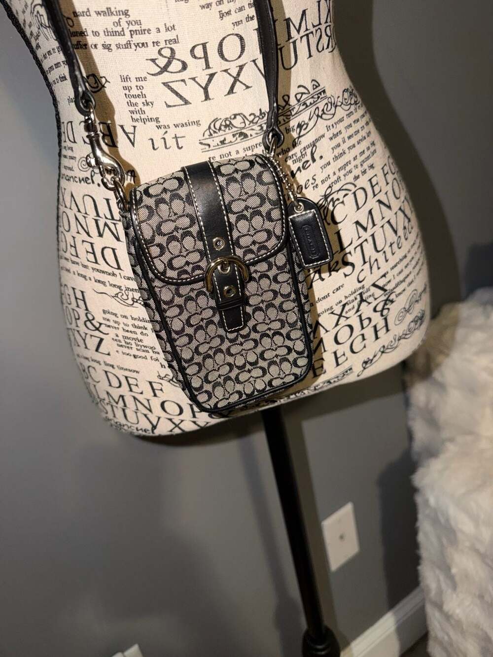 Coach Signature C Monogram Canvas and Black Leather Mini Crossbody Phone Bag